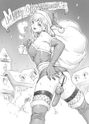 1dickgirl absurdres aian anal balls big_penis blonde_hair boots bottomless breasts butt_plug clothed clothing dickgirl elbow_gloves english_text erection fishnets futa_only futa_sans_pussy futanari gloves greyscale hat highres holding holding_sack human looking_at_viewer looking_back microskirt monochrome mostly_clothed original outdoors penis sack santa_hat sex_toy skirt smile solo standing testicles thigh_boots