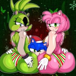 1boy 2girls amy_rose animal_ears anthro ass ass ass-to-ass ass_to_ass between_ass between_buttocks between_thighs big_ass big_breasts big_butt bikini black_nose blue_body blue_eyes blue_fur blue_hair blue_skin blush breasts christmas christmas_bikini christmas_clothing christmas_decorations christmas_hat curvy curvy_body curvy_female derocrossh earrings eyelashes facial_markings fur furry gloves green_body green_eyes green_fur green_hair green_skin hands_on_ass hands_on_butt headwear hedgehog idw_comics idw_publishing looking_at_viewer mammal narrowed_eyes one_eye_closed pink_body pink_fur pink_hair pink_skin ponytail santa_hat sega sharp_teeth short_hair sitting smile sonic_(series) sonic_the_hedgehog sonic_the_hedgehog_(comics) sonic_the_hedgehog_(idw) sonic_the_hedgehog_(series) surge_the_tenrec tail tenrec video_games