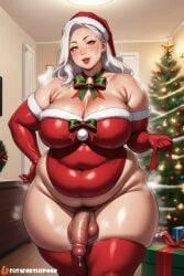 1futa ai_generated bbw big_ass big_balls big_breasts big_penis christmas christmas_outfit christmas_tree chubby curvy dickgirl fat flaccid futaforthepoor futanari milf pubic_hair red_clothing red_eyes red_lipstick red_stockings steam sweat uncensored white_hair