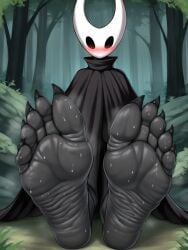 ai_generated black_body black_soles black_toenails feet feet_focus foot_fetish forest_background fuealahomg hollow_knight hornet_(hollow_knight) insects muscles shy soles spread_legs spread_toes sweat sweatdrop toenails toes wrinkled_feet wrinkled_soles