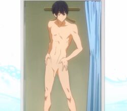 1boy black_hair blue_eyes change_room closed_mouth curtain flaccid free! haruka_nanase male male_only nude penis photoshop screencap solo swimsuit