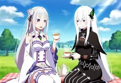 2girls ai_generated big_ass big_breasts big_butt blush blushing_female blushing_profusely breath bubble_ass bubble_butt cleavage deep_cleavage echidna_(re:zero) emilia_(re:zero) female female_only huge_ass huge_breasts image_set large_breasts massive_breasts narrow_waist picnic re:zero_kara_hajimeru_isekai_seikatsu self_upload tea tea_party teacup thick_thighs wide_hips yeetyboi5000 yuri yuri