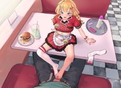 1boy akai_haato apron aqua_eyes barefoot blonde_hair braid burger censored condom condom_wrapper crop_top female food footjob footjob_with_legwear highres hololive hololive_gen_1 hololive_japan long_hair low_twin_braids lube midriff miniskirt mosaic_censoring navel no_shoes on_table penis polka_dot polka_dot_shirt polka_dot_skirt red_skirt restaurant roke_(taikodon) sex_toy shirt simple_background single_thighhigh skirt smile soda straight table thighhighs tray twin_braids two-footed_footjob vibrator virtual_youtuber waist_apron white_thighhighs