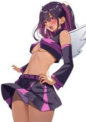 2.5_jigen_no_ririsa akihiro0920 bare_belly bare_legs bare_shoulders bare_thighs belly_button blush breasts cosplay crop_top demon_girl demon_wings detached_sleeves long_hair midriff miliela_(cosplay) open_mouth panties pantyshot purple_eyes purple_hair shiny_skin skirt small_breasts tachibana_mikari thighs twintails underboob underwear