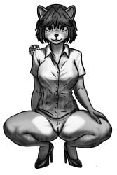 anthro breasts canid canine clothing comic crouching digital_media_(artwork) female footwear fox genitals hair half_naked hand_on_leg hi_res high_heels krystal looking_at_viewer mammal monochrome nintendo pussy shirt shoes short_hair smile solo star_fox thick_thighs topwear zak898