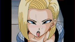 <1_second_video 1girls 2d android android_18 animated artist_request blonde_hair blue_eyes cum cum_in_mouth cum_on_face dragon_ball dragon_ball_z earrings open_mouth pillarbox shorter_than_10_seconds solo vhs_filter video