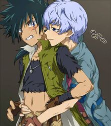 2boys beyblade blue_eyes blue_hair hyoma male male_only metal_fight_beyblade reach_around tategami_kyoya yaoi