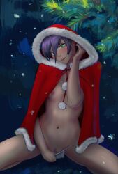 aika_pdnw chainsaw_man christmas_outfit colored green_eyes no_bra purple_hair reze_(chainsaw_man)