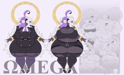 1girls 2024 ahoge angel ankle_cuffs arm_bracelets arm_cuffs ass belly belt big_ass big_belly big_thighs bra bracelets breasts_bigger_than_head chubby chubby_female cleavage closed_eyes dark-skinned_female dark_skin earrings english_text female female_only freckles freckles_on_breasts freckles_on_thighs halo hips huge_ass huge_thighs lingerie long_ears long_hair multiple_outfits multiple_views navel navel_piercing necktie nervous obese obese_female omega_(sewerseraph) purple_hair reference_sheet sewerseraph shiny_skin shorts solo solo_female sweat text thick_thighs thighhighs thighs torn_thighhighs two-tone_hair voluptuous voluptuous_female white_background white_hair wide_hips