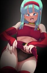 1girls black_panties blue_eyes blue_hair blush bra_(dragon_ball) bra_briefs dragon_ball dragon_ball_gt female female_only flashing flashing_panties hazama_null hoop_earrings innie_pussy panties pussy skirt_lift small_breasts solo tagme thighhighs thighs