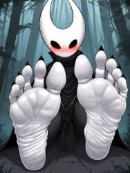 ai_generated black_body black_toenails feet feet_focus foot_fetish forest_background fuealahomg hollow_knight hornet_(hollow_knight) insects muscles shy soles spread_legs spread_toes toenails toes white_soles wrinkled_feet wrinkled_soles