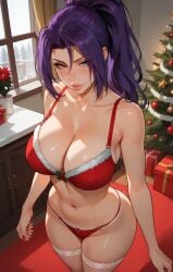 ai_generated christmas christmas_clothing christmas_headwear christmas_outfit christmas_tree looking_at_viewer marvel_rivals psylocke_(marvel_rivals) purple_hair standing sugyx