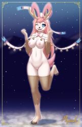 absurd_res anthro antlers areola armwear bell big_breasts blue_eyes breasts clothing eeveelution female generation_6_pokemon genitals hair hi_res hooves horn jingle_bell legwear long_hair looking_at_viewer myssedakes night nintendo nipples pink_areola pink_hair pink_nipples pokemon pokemon_(species) pussy snow solo sylveon