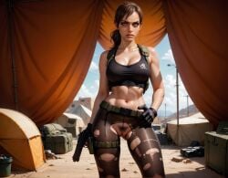 1girls ai_generated blue_eyes_female brown_hair_female crotch_cutout devdemoaner female_only frown gloves gun holding_weapon inside_tent metal_gear_solid navel ponytail pubic_hair pussy quiet_(metal_gear) solo_female suspenders tank_top torn_pantyhose