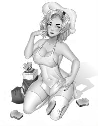 bakery beautiful_females big_ass bimbo_bear black_and_white curvy curvy_figure feminization grey_hair hourglass hourglass_figure naked naked_female sexy_dress silver_hair thick_thighs wavy_hair white_apron white_background