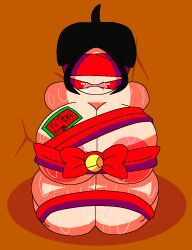 big_breasts blindfold bondage bondage christmas christmas_ribbon dispatcher_(tds) gagged gagged_female kneeling merry_christmas ribbon ribbon_bondage sweaty_body thick_thighs tied_up tower_defense_simulator