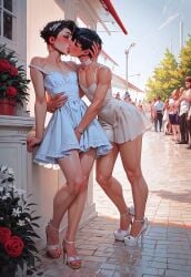 2boys absurd_res ai_assisted ai_generated aroused dress femboy feminine_body feminine_male fondling high_heels highres imminent_sex kissing making_out male/male public_indecency short_hair sissy