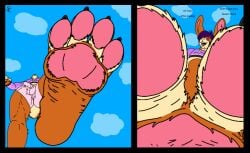 4_toes anthro balls_outline bulge claws clothing cloud comic_panel crop_top cropped_hoodie detailed_bulge dialogue feet finger_claws first_person_view fur genital_outline hair hare hoodie lagomorph leporid low-angle_view macro male mammal orange_body orange_fur pawpads paws penis_outline pink_clothing pink_pawpads pink_underwear purple_clothing purple_hair purple_topwear rabbitemperor11 scut_tail shirt short_tail sky solo sophia_(sophia_e._carrots) stepped_on tail tan_body tan_fur toe_claws toes topwear underwear