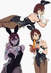 1girls absurdres animal_ears ass ayase_momo black_leotard bow bowtie breasts brown_eyes brown_hair chopsticks cup_ramen dandadan detached_collar earrings eating fake_animal_ears food highres holding holding_chopsticks jewelry leotard medium_breasts noodles pantyhose playboy_bunny rabbit_ears rabbit_tail shiren_(ourboy83) short_hair strapless strapless_leotard tail wrist_cuffs