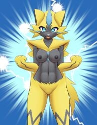 abstract_background absurd_res anthro athletic athletic_female black_nipples blue_eyes breasts featureless_crotch female generation_7_pokemon hi_res legendary_pokemon looking_at_viewer multicolored_body myssedakes nintendo nipples pokemon pokemon_(species) smile smirk solo zeraora