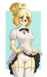 2024 5_fingers absurd_res animal_crossing anthro blonde_hair blush border breasts brown_eyes canid canine canis clothed clothed_anthro clothed_female clothing clothing_lift countershade_torso countershading digital_media_(artwork) domestic_dog female fingers front_view fur garter_straps genitals hair hi_res isabelle_(animal_crossing) legwear mammal nintendo no_underwear partially_clothed partially_clothed_anthro partially_clothed_female pizhma pussy simple_background solo standing thigh_highs white_border yellow_body yellow_fur