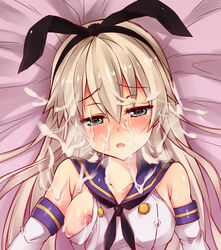 bed blush breast_slip breasts brown_hair bukkake elbow_gloves facial gloves green_eyes heart heart-shaped_pupils kantai_collection kuragari long_hair looking_at_viewer no_bra open_mouth school_uniform serafuku shimakaze_(kantai_collection) symbol-shaped_pupils