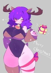 1girls christmas christmas_outfit cleavage clothed clothing cute holidays huge_breasts ichigo_inoue_(sunrisenew) large_breasts original_character purple_hair red_eyes slim_waist smile sunrisenew tagme thick_thighs thighhighs twitter_user_oc