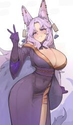 azz0422 belly_button_visible_through_clothing big_breasts blush breasts character_request cleavage copyright_request fox_ears hips looking_at_viewer peace_sign smile thick_thighs thighs thin_waist wide_hips