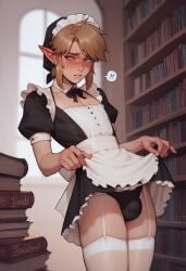 1boy ai_generated bancin bulge crossdressing femboy frills library link maid maid_uniform standing stockings the_legend_of_zelda trap white_stockings