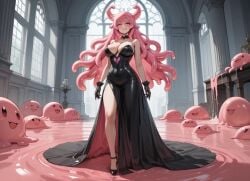 ai_generated black_dress dark_dress evil_smile oc original original_character pink_slime slime slime_(substance) slime_girl slime_hair slime_monster the_evil_slime_queen_(oc) villainess