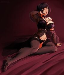 black_hair breast_squeeze breasts female female_focus female_only fully_clothed lingerie narodii pinup pinup_pose purple_eyes