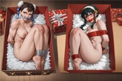 2girls ai_generated angry arms_tied_behind_back black_hair blush bondage bound_ankles breasts brown_eyes brown_hair christmas chun-li gag gagged in_box looking_at_viewer nude red_eyes ribbon_bondage ribbon_gag spy_x_family street_fighter tape_bondage tape_gag yor_briar