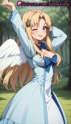 1girls ;p ahoge ai_generated angel_wings anime anime_style arm_up arms_up bangs bird_wings blonde_hair blue_bow blue_bowtie blue_dress blue_eyes blush bow bowtie breasts bust busty cleavage day dress feathered_wings female female_focus female_only filo forest hair_intakes hair_ornament hentai large_breasts long_hair long_sleeves looking_at_viewer medium_breasts natsuyoru nature one_eye_closed outdoors parted_bangs smile solo solo_female stretching tate_no_yuusha_no_nariagari the_rising_of_the_shield_hero tongue tongue_out tree very_long_hair voluptuous voluptuous_female white_dress white_wings wings