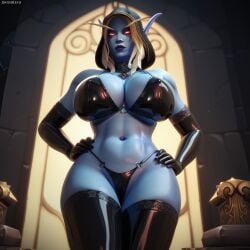 ai_generated bikini bimbo black_latex blood_elf cameltoe elf_female hand_on_hip latex looking_at_viewer massive_breasts perfect_body pointy_ears stable_diffusion swimsuit sylvanas_windrunner warcraft world_of_warcraft