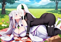 2girls ai_generated big_ass big_breasts big_butt blush blushing_female blushing_profusely breast_grab breast_squeeze breath bubble_ass bubble_butt cleavage deep_cleavage echidna_(re:zero) emilia_(re:zero) female female_only groping groping_breasts huge_ass huge_breasts image_set kissing large_breasts licking massive_breasts narrow_waist picnic re:zero_kara_hajimeru_isekai_seikatsu self_upload tea tea_party teacup thick_thighs tongue wide_hips yeetyboi5000 yuri yuri