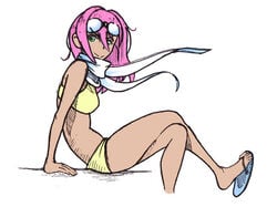 1girls aviator_goggles bikini clothing dark_skin eyewear female female_only flip_flops human jenny_everywhere long_hair neckwear pink_hair pink_hair_female pool sandals scarf short_hair smile solo swimwear tagme the_shifter white_background yellow_bikini