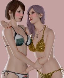 2girls 3d arm_around_shoulders bikini biting_lip blank_background blush brown_hair dyed_hair ear_piercing eye_contact femdom fingers fingers_in_ass fuckgirl gold_bikini grabbing_arms hand_in_panties holding_ass leaning leaning_forward lesbian_couple lesbian_sex lewd looking_at_partner looking_up makeup necklace nervous nervous_smile pierced_ears piercing pink_hair romantic rubbing_pussy skinny_waist white_bikini yuri