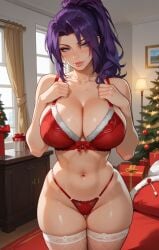 ai_generated christmas christmas_clothing christmas_headwear christmas_outfit christmas_tree hand_on_own_chest looking_at_viewer marvel_rivals psylocke_(marvel_rivals) purple_hair standing sugyx