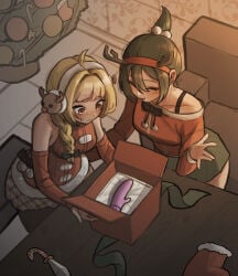 2girls blonde_hair blush female female_only gosegyun juno_(overwatch) kiriko_(overwatch) overwatch sex_toy