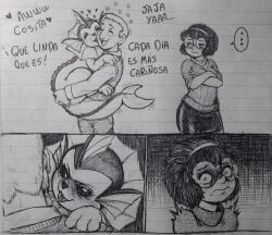 abraham_romano alberto_(mafalda) black_and_white bodily_fluids comic dialogue eeveelution female feral generation_1_pokemon heart_symbol hi_res human humor licking mafalda mafalda’s_father mafalda_(quino) male mammal meme monochrome nintendo parody pokemon pokemon_(species) raquel_(mafalda) saliva saliva_string scared spanish spanish_dialogue spanish_text text threatening tongue tongue_out traditional_media_(artwork) vaporeon