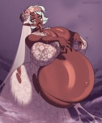 belly belly_bulge bride dark-skinned_female dark_skin flower_crown flower_on_head flowers forked_tongue narodii pregnancy pregnant pregnant_belly pregnant_female red_eyes silver_hair