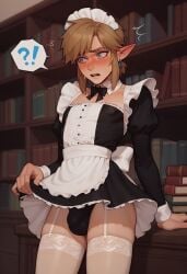 1boy ai_generated bancin bulge crossdressing femboy frills library link link_(breath_of_the_wild) link_(tears_of_the_kingdom) maid maid_uniform standing stockings the_legend_of_zelda trap white_stockings