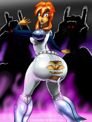 1girls ass big_ass blush bottom_heavy dark_skin dat_ass kiva_andru megas_xlr orange_hair red_hair screeneffect small_breasts surprised torn_clothes