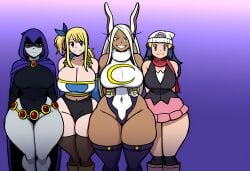 4girls big_breasts blonde_hair child_bearing_hips crossover curvaceous curvy curvy_figure dark-skinned_female dark_skin dawn_(pokemon) dc dc_comics eastern_and_western_character expressionless fairy_tail grey_body grin hat hood huge_breasts large_breasts light-skinned_female light_skin looking_at_viewer lucy_heartfilia miruko mullon my_hero_academia pokemon pokemon_dppt rabbit_ears rachel_roth raven_(dc) rumi_usagiyama smile superheroine take_your_pick teen_titans thick_thighs voluptuous white_hair wide_hips