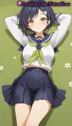 1girls ai_generated anime anime_style arms_behind_head arms_up bangs black_hair black_skirt blue_hair blue_sailor_collar blue_skirt blush breasts brown_eyes bust busty closed_mouth dark_blue_hair female female_focus female_only flower grass green_neckerchief hair_clips hair_ornament hairclip large_breasts long_sleeves looking_at_viewer lying medium_breasts midriff_peek miniskirt natsuyoru neckerchief on_back on_grass pleated_skirt sailor_collar sailor_uniform scarf school_uniform serafuku shikanoko_nokonoko_koshitantan shirt short_hair skirt solo solo_female thighs tsubameya_chiharu voluptuous voluptuous_female white_flower white_shirt yellow_eyes