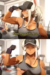 2koma armpits baseball_cap boku_no_hero_academia breast_grab breasts bunny_ears characterful death_stare dialogue disappointed feeling_up female female_focus flexing flexing_arms flexing_bicep flexing_muscles funny go_on_feel_it_(meme) grabbing_breasts groping groping_breasts gym gym_clothes high_resolution khyleri meme minoru_mineta miruko momo_yaoyorozu muscular_female my_hero_academia pov_eye_contact rumi_usagiyama tagme text tomboy touching_breast trucker_hat usagiyama_rumi white_hair