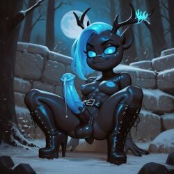 ai_generated anthro balls belt boots cold deer futanari glowing_eyes horsecock imp leaking_precum leather penis pony shortstack snow spirit winter