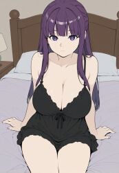 1girls ai_generated big_breasts blush breasts chemise cleavage female fern_(sousou_no_frieren) flat_colors on_bed purple_eyes purple_hair sitting thighs xenoz1