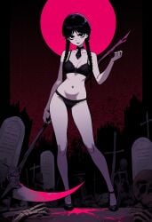 ai_generated black_bra black_eyes black_hair black_panties blood cameltoe choker cookie-girl full_moon goth goth_girl graveyard jenna_ortega scythe skeleton the_addams_family wednesday_addams