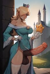 1futa ai_generated big_breasts blonde_hair blush castle cleavage dress erection exposed_penis futanari hair_over_one_eye highres horsecock huge_breasts huge_cock human_with_animal_genitalia human_with_horsecock large_penis lifting_skirt looking_at_viewer luma mario_(series) princess_rosalina self_upload side_view standing supermanson thighhighs veiny_penis